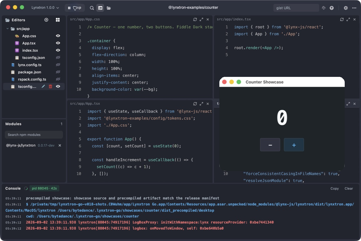 Counter 示例在独立的 Lynxtron 窗口中运行
