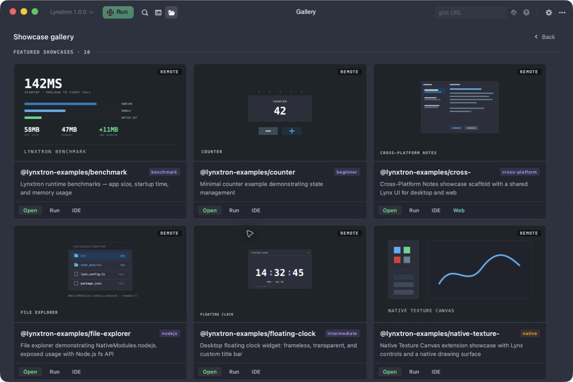 在内置 Gallery 中浏览可运行的 Lynxtron 示例