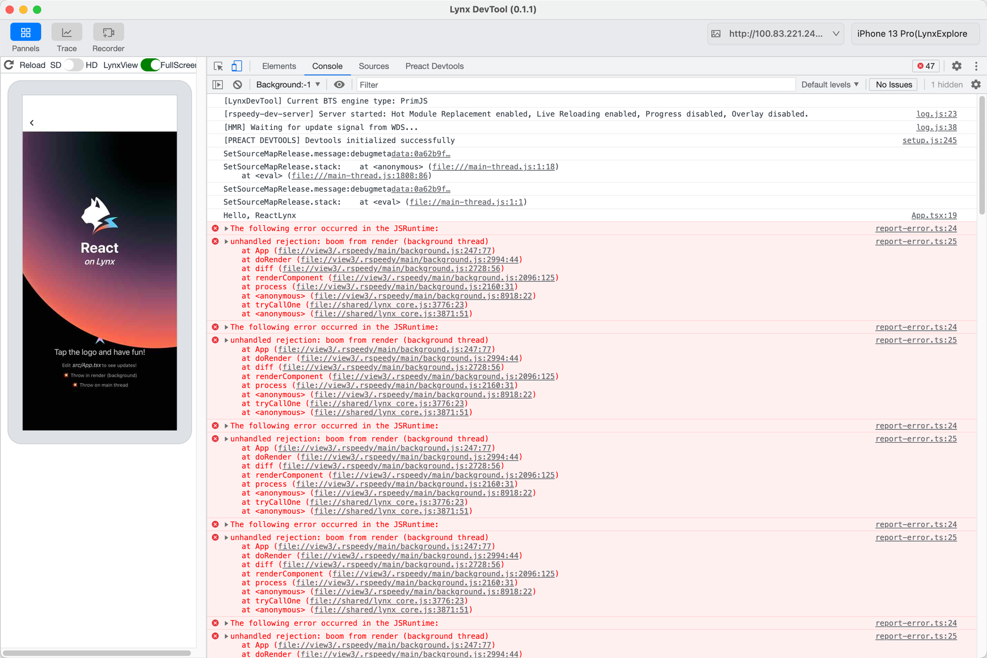 The background-thread error in the devtool console, pointing into background.js