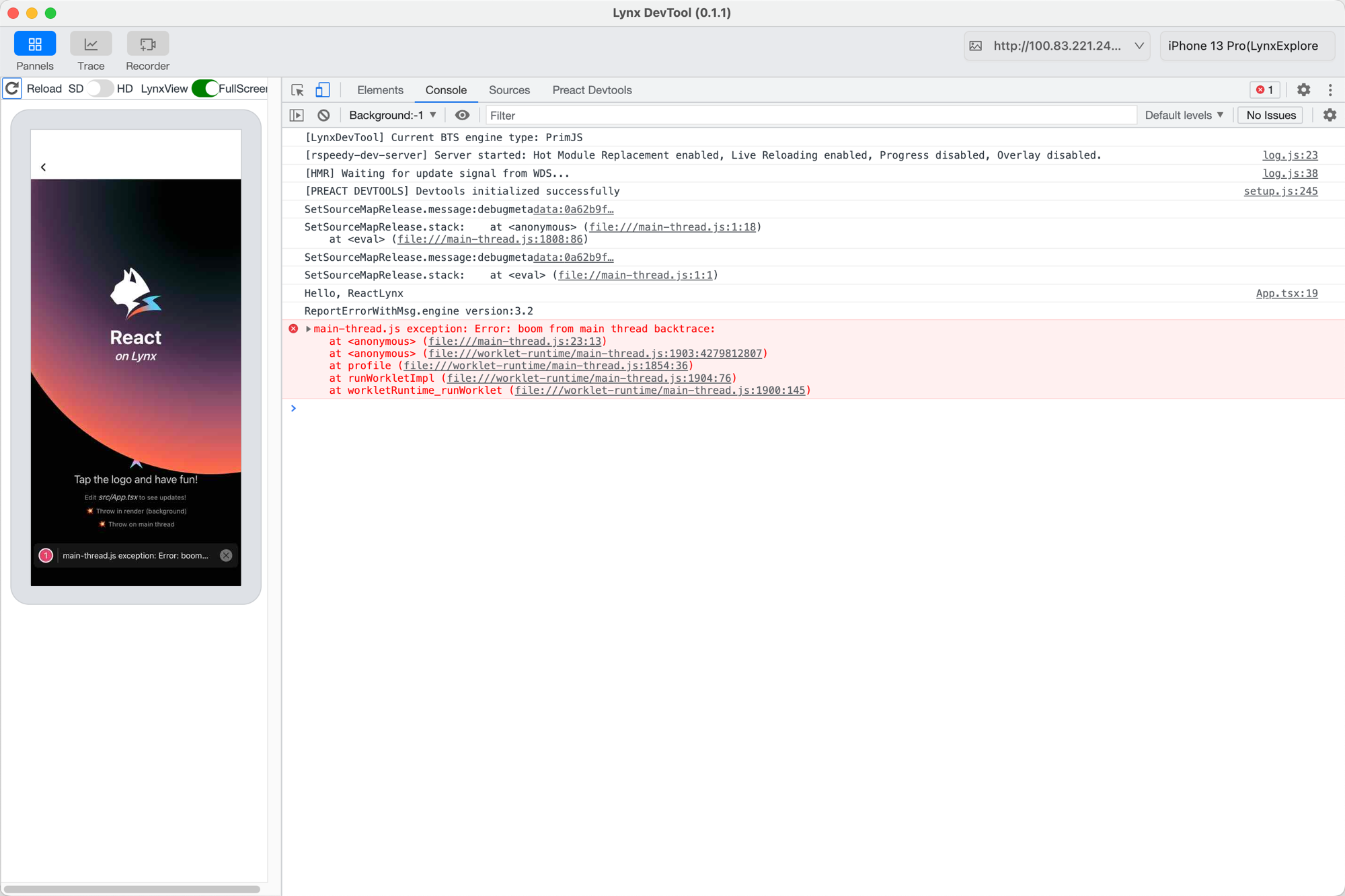 The main-thread error in the devtool console, a function_id:pc frame in main-thread.js